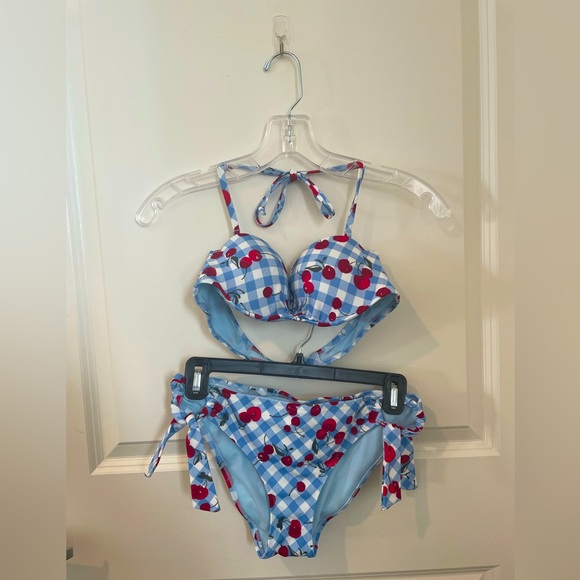 Adore Me Swim Adore Me Blue Gingham With Cherries Bikini Set Poshmark